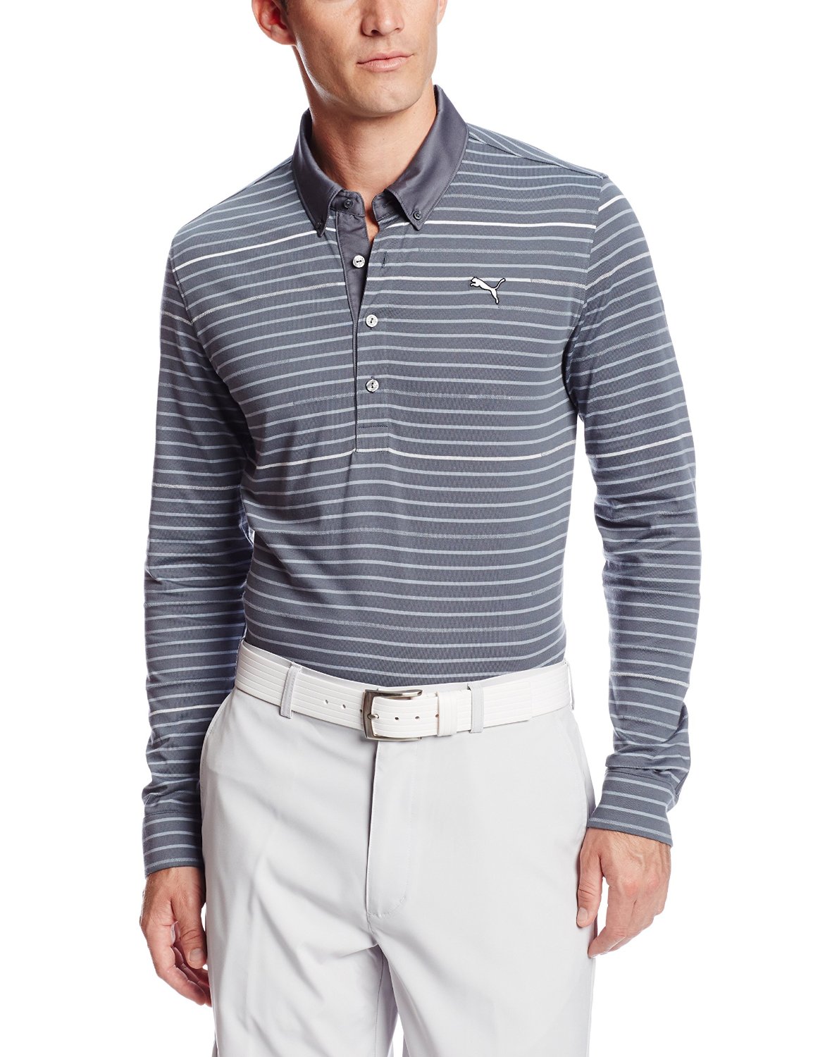 Mens Puma NA Long Sleeve Yarn Dye Golf Polo Shirts