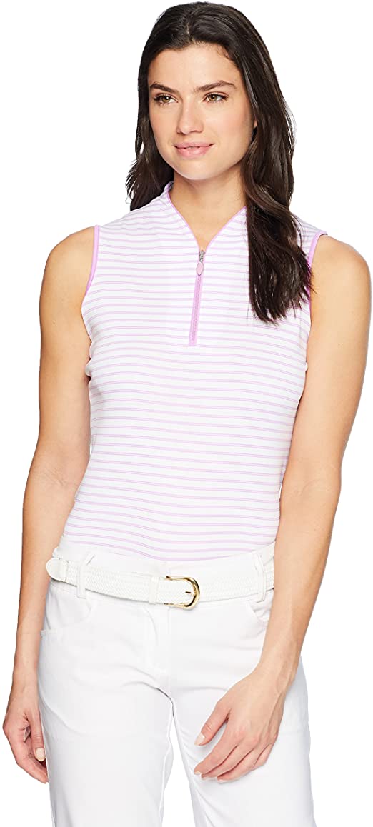 Greg Norman Womens Microlux Stripe Sleeveless Golf Polo Shirts