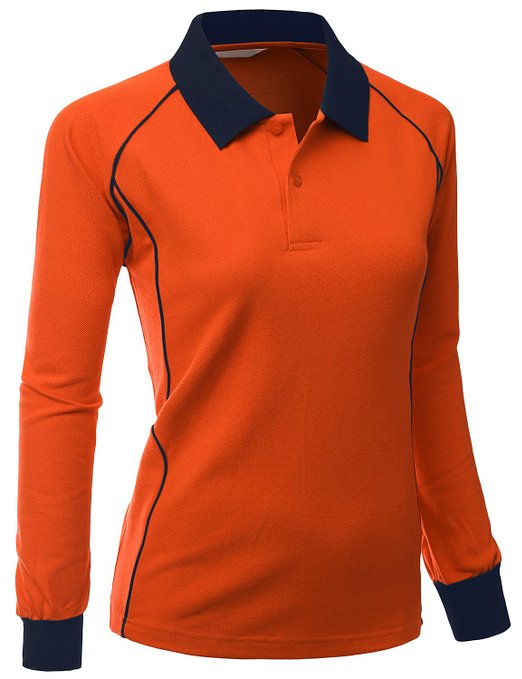 Womens Comfortable Fabric Sporty Piping Long Sleeve Collar Golf Polo Shirts