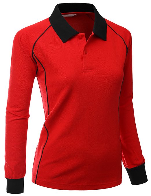 Xpril Womens Comfortable Fabric Sporty Piping Long Sleeve Collar Polo Shirts