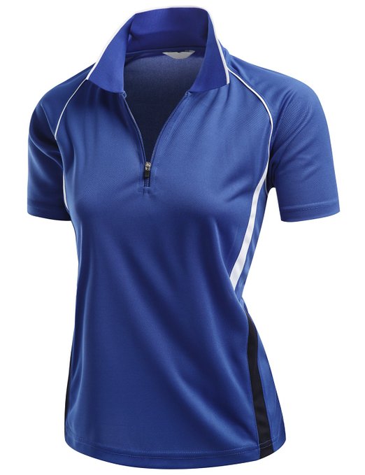 Womens Coolmax 2 Tone Collar Short Sleeve Zipper Golf Polo Shirts