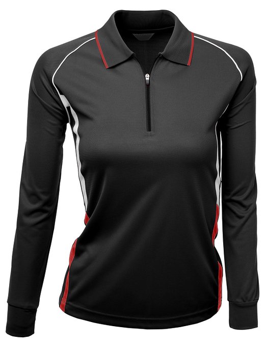 Womens Coolon Fabric Zip Up Point Long Sleeve 2 Tone Collar Golf Polo Shirts