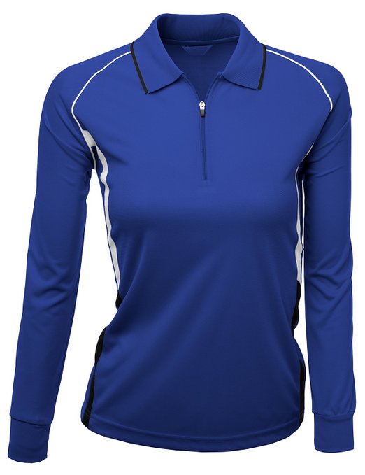 Xpril Womens Coolon Fabric Zip Up Point Long Sleeve 2 Tone Collar Polo Shirts