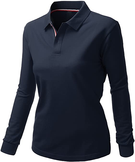 Xpril Womens Cotton 2 Tone Collar Long Sleeve Golf Polo Shirts