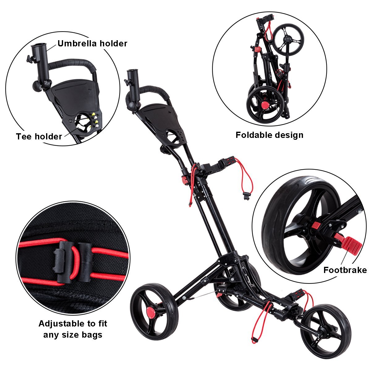 Tangkula 3 Wheel Foldable Golf Club Push Pull Trolley Carts